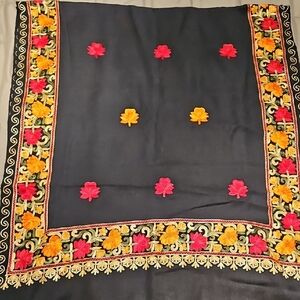 Embroidered Black Large Scraf/ Wrap with Floral Accents 80" Long X 28" Across
